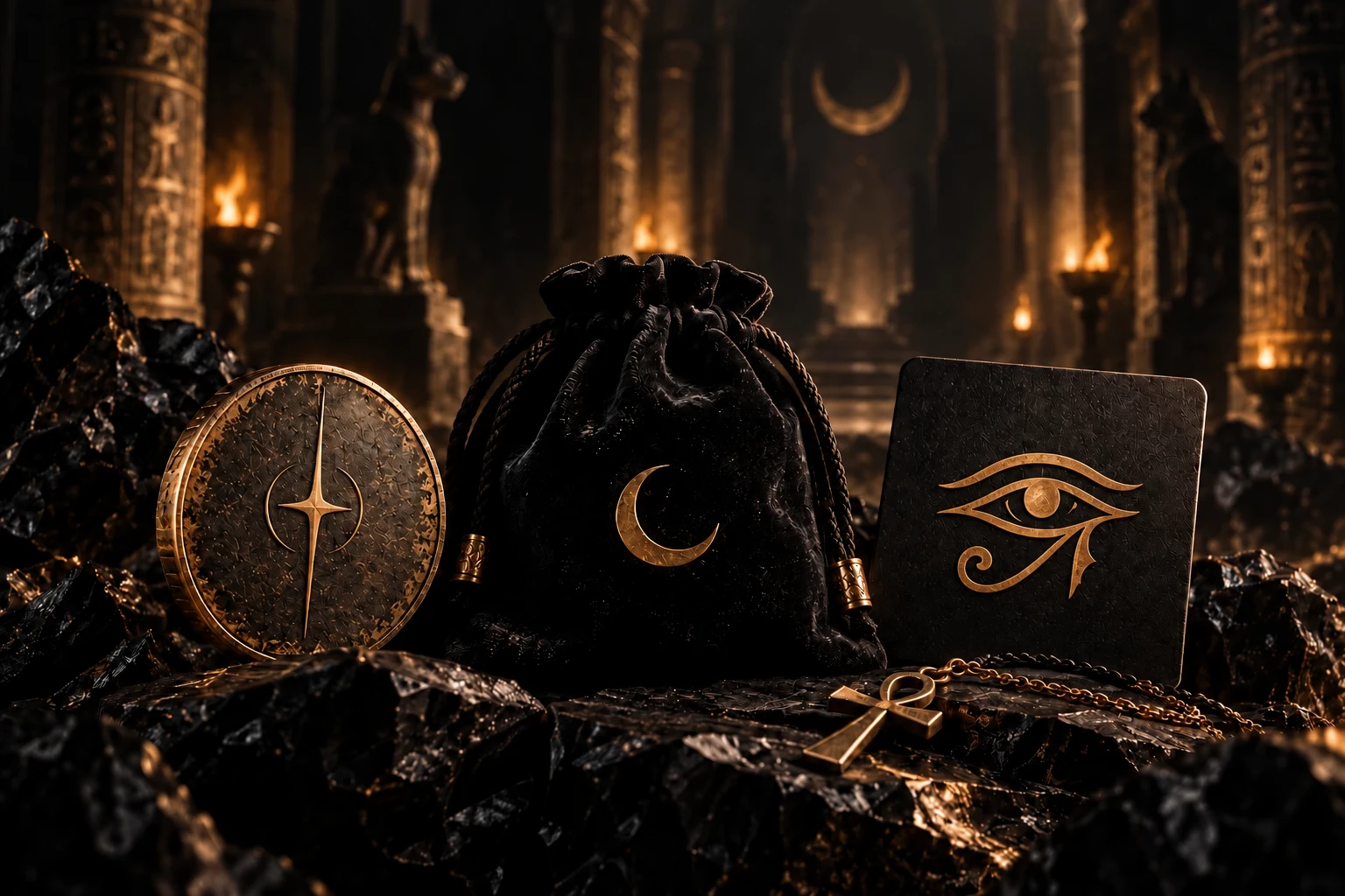 Moeda com a estrela CatSoul, bolsa de veludo negro e cartão com Olho de Hórus sobre obsidiana.